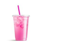 Pink drink in plastic cup isolated on white background. Take away drinks concept with copy space. ai generated photo