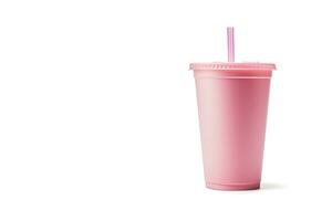 Pink drink in plastic cup isolated on white background. Take away drinks concept with copy space. ai generated photo