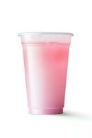 rosado bebida en el plastico taza aislado en blanco antecedentes. tomar lejos bebidas concepto. ai generado foto