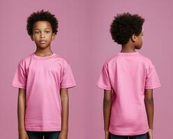 Front and back views of a little boy wearing a pink T-shirt. ai generated photo