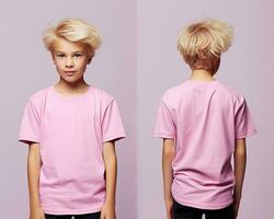 Front and back views of a little boy wearing a pink T-shirt. ai generated photo