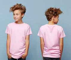 Front and back views of a little boy wearing a pink T-shirt. ai generated photo