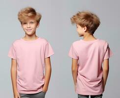 Front and back views of a little boy wearing a pink T-shirt. ai generated photo