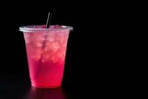 Pink drink in plastic cup isolated on black background. Take away drinks concept with copy space. ai generated photo