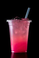 Pink drink in plastic cup isolated on black background. Take away drinks concept. ai generated photo