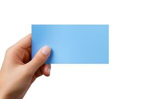 A human hand holding a blank sheet of blue paper or card isolated on white background. ai generated photo