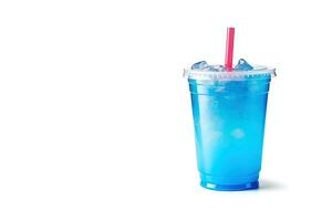 Blue drink in a plastic cup isolated on a white background. Take away drinks concept with copy space. ai generated photo