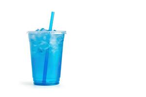 Blue drink in a plastic cup isolated on a white background. Take away drinks concept with copy space. ai generated photo