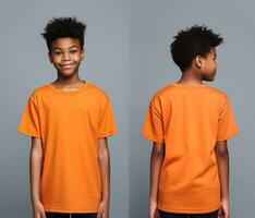 Front and back views of a little boy wearing an orange T-shirt. ai generated photo