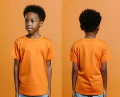 Front and back views of a little boy wearing an orange T-shirt. ai generated photo