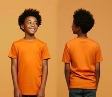 Front and back views of a little boy wearing an orange T-shirt. ai generated photo