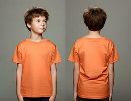 Front and back views of a little boy wearing an orange T-shirt. ai generated photo