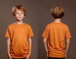 Front and back views of a little boy wearing an orange T-shirt. ai generated photo