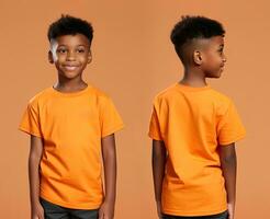 Front and back views of a little boy wearing an orange T-shirt. ai generated photo