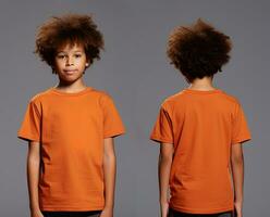 Front and back views of a little boy wearing an orange T-shirt. ai generated photo