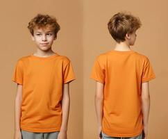 Front and back views of a little boy wearing an orange T-shirt. ai generated photo
