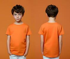 Front and back views of a little boy wearing an orange T-shirt. ai generated photo