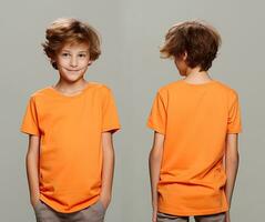 Front and back views of a little boy wearing an orange T-shirt. ai generated photo