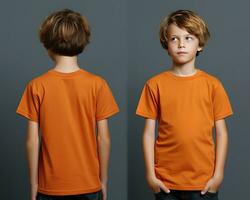 Front and back views of a little boy wearing an orange T-shirt. ai generated photo