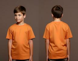 Front and back views of a little boy wearing an orange T-shirt. ai generated photo