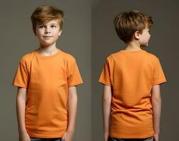 Front and back views of a little boy wearing an orange T-shirt. ai generated photo