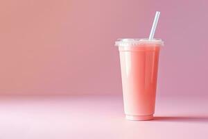 Pink drink in plastic cup isolated on pink background. Take away drinks concept with copy space. ai generated photo