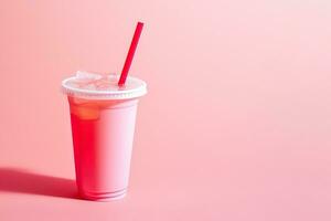 Pink drink in plastic cup isolated on pink background. Take away drinks concept with copy space. ai generated photo