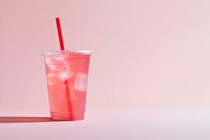 rosado bebida en el plastico taza aislado en rosado antecedentes. tomar lejos bebidas concepto con Copiar espacio. ai generado foto