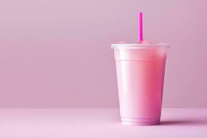 rosado bebida en el plastico taza aislado en rosado antecedentes. tomar lejos bebidas concepto con Copiar espacio. ai generado foto