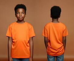 Front and back views of a little boy wearing an orange T-shirt. ai generated photo