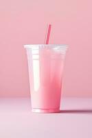 Pink drink in plastic cup isolated on pink background. Take away drinks concept. ai generated photo