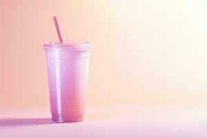 Pink drink in plastic cup isolated on pink background. Take away drinks concept with copy space. ai generated photo