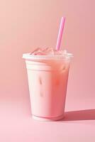 Pink drink in plastic cup isolated on pink background. Take away drinks concept. ai generated photo