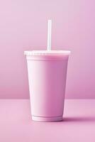 rosado bebida en el plastico taza aislado en rosado antecedentes. tomar lejos bebidas concepto. ai generado foto