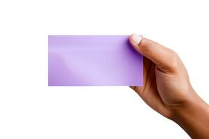 A human hand holding a blank sheet of purple paper or card isolated on a white background. ai generated photo