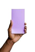 A human hand holding a blank sheet of purple paper or card isolated on a white background. ai generated photo