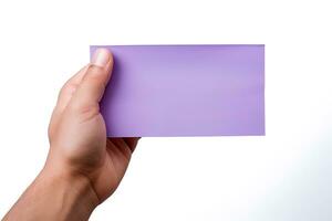 A human hand holding a blank sheet of purple paper or card isolated on a white background. ai generated photo