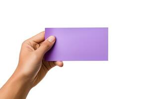 A human hand holding a blank sheet of purple paper or card isolated on a white background. ai generated photo