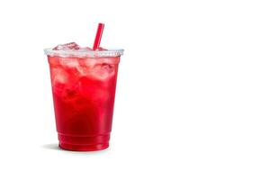 Red drink in a plastic cup isolated on a white background. Take away drinks concept with copy space. ai generated photo