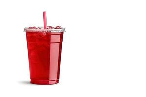 Red drink in a plastic cup isolated on a white background. Take away drinks concept with copy space. ai generated photo