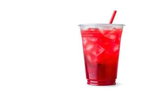 Red drink in a plastic cup isolated on a white background. Take away drinks concept with copy space. ai generated photo