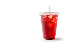 Red drink in a plastic cup isolated on a white background. Take away drinks concept with copy space. ai generated photo