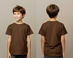 Front and back views of a little boy wearing a brown T-shirt. ai generated photo