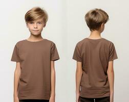 Front and back views of a little boy wearing a brown T-shirt. ai generated photo