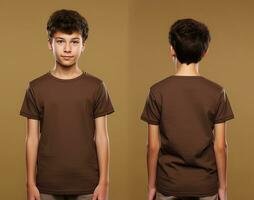 Front and back views of a little boy wearing a brown T-shirt. ai generated photo