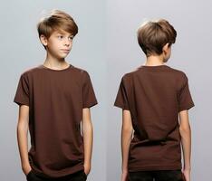 Front and back views of a little boy wearing a brown T-shirt. ai generated photo