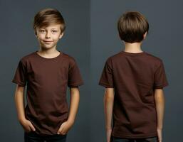 Front and back views of a little boy wearing a brown T-shirt. ai generated photo