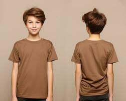 Front and back views of a little boy wearing a brown T-shirt. ai generated photo