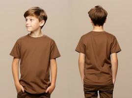 Front and back views of a little boy wearing a brown T-shirt. ai generated photo