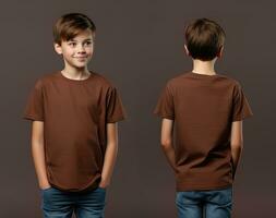 Front and back views of a little boy wearing a brown T-shirt. ai generated photo